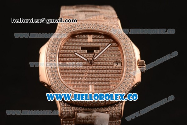 Patek Philippe Nautilus Miyota 9015 Automatic Diamonds/Rose Gold Case with Diamonds Dial and Sapphire Crystal Markers (AAAF) - Click Image to Close